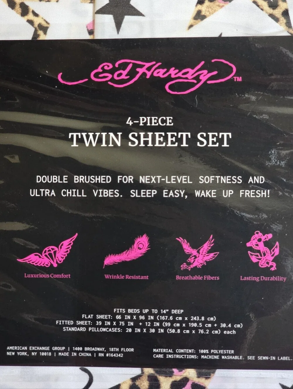 Ed Hardy 4 Piece Twin Sheet Set. Cheetah Print Stars and Skulls